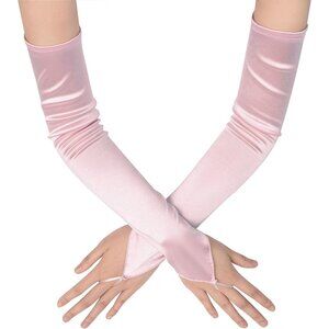 Women's Stretchy Pink Finger Loop Long Satin Fabric Gloves Opera Party Prom